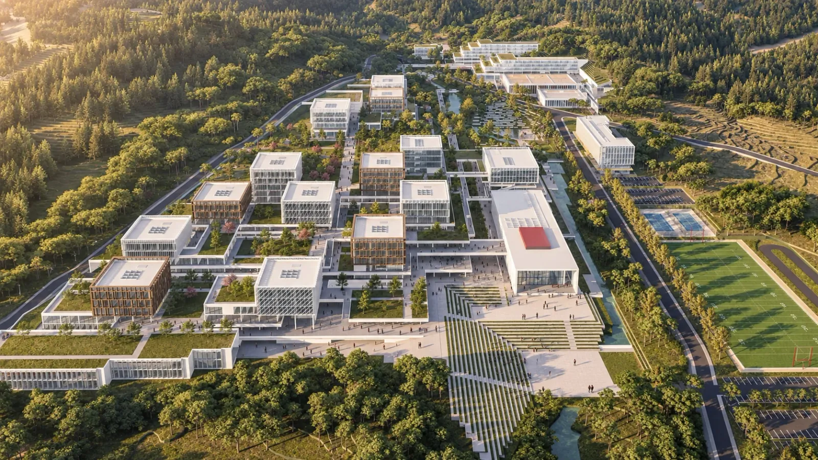 2. Ödül, İzmir Ekonomi Üniversitesi Güzelbahçe Yerleşkesi Mimari Proje Yarışması: AI sonucu, Işık ve peyzaj atmosferi